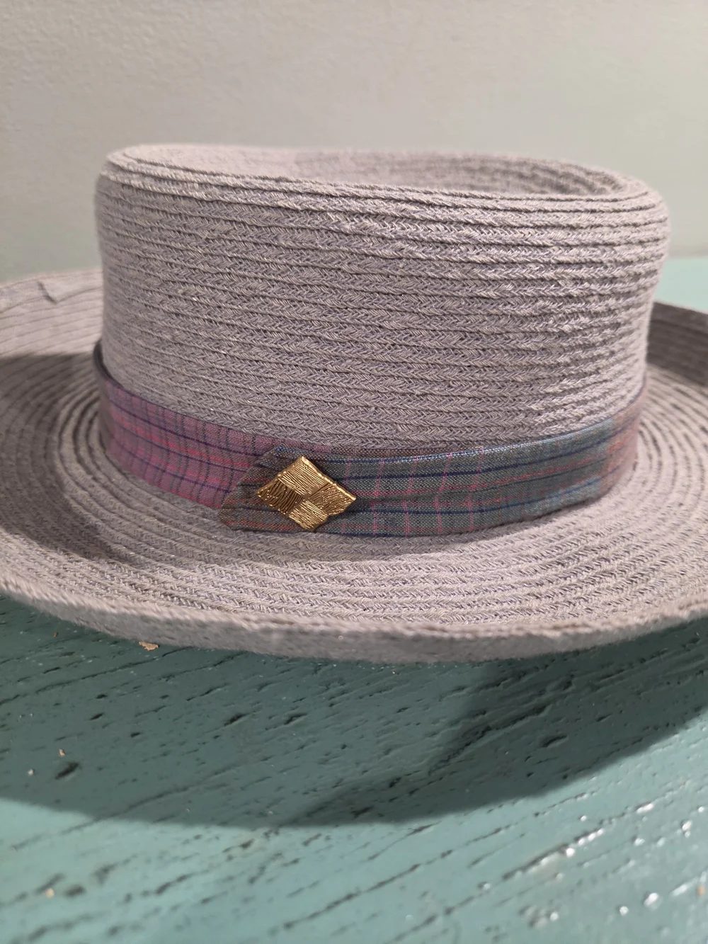 August Hats Gray Hemp Blend Plaid Band Boater Hat